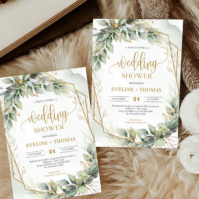 Convite Chá de casamento verde de script de caligrafia mod (Delicate green eucalyptus and gold wedding shower invitation digital)