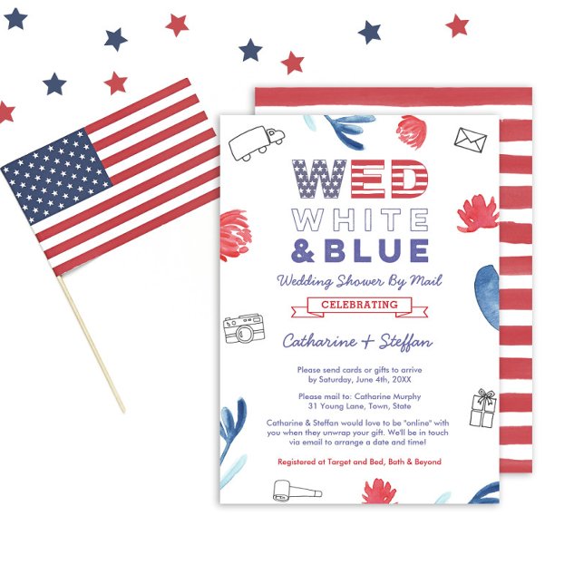Convite Chá de casamento Virtual Azul Branco Por Correio (A Wed White And Blue Virtual Online Wedding or Bridal Shower invitation)