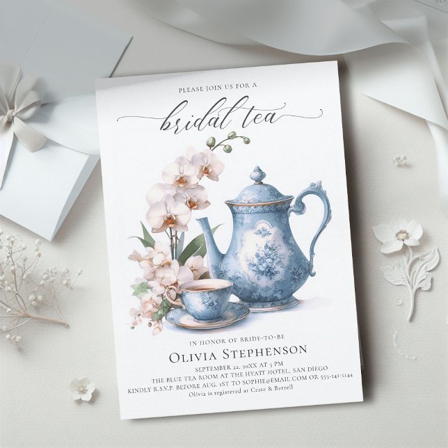 Convite Chá de Chá Brida Azul Hampton Blue Toile (bridal tea party white orchid elegant modern classic watercolor romantic sophisticated classy blue)