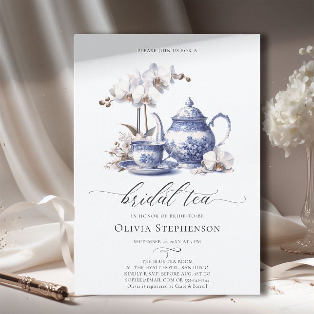 Convite Chá de Chá Brida Brida Branca - Hampton Toile (bridal tea party white orchid toile hampton style something blue elegant modern classic watercolor)