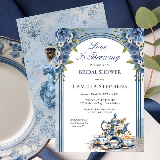 Convite Chá De Chá Floral Azul Elegante (Elegant Blue Floral Tea Set Bridal Shower Tea Party Invitation)