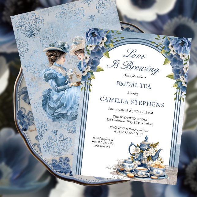 Convite Chá De Chá Floral Azul Elegante (Elegant Blue Floral Tea Set Bridal Shower Tea Party Invitation)