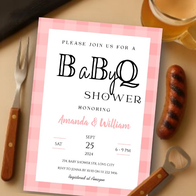 Convite Chá de CHURRASCO de Xadrez Rosa Gingham Casais par (Pink Gingham Plaid BBQ Baby Couples Shower Invitation)