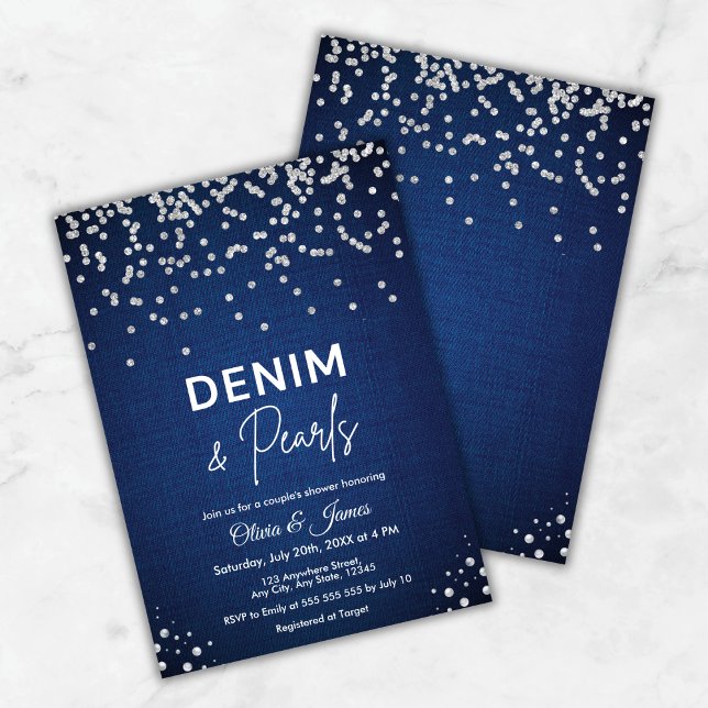 Convite Chá de Denim e Pérolas Elegante Azul (Blue Elegant Denim and Pearls Couple's Shower Invitation     )