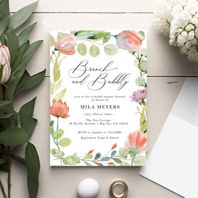 Convite Chá de espumante de Coral Floral Verde Brunch (Criador carregado)
