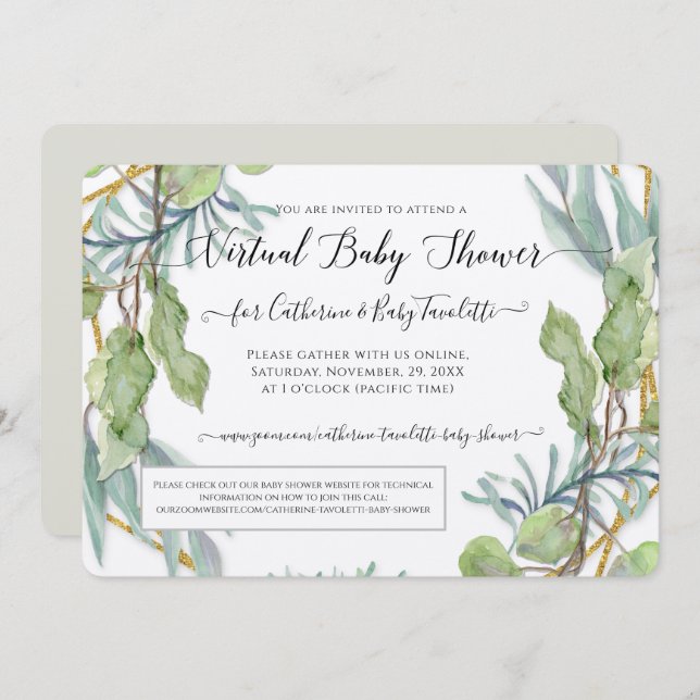 Convite Chá de Eucalyptus Foliage Wreath Virtual Baby Boy (Frente/Verso)