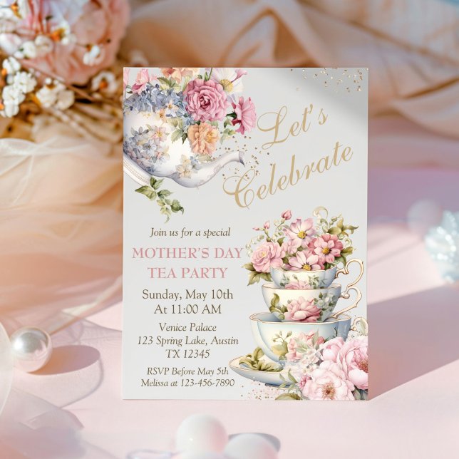Convite Chá de Floral para Brunch do Dia das Mães (Elegant Floral Mother's Day Tea Party Invitation)