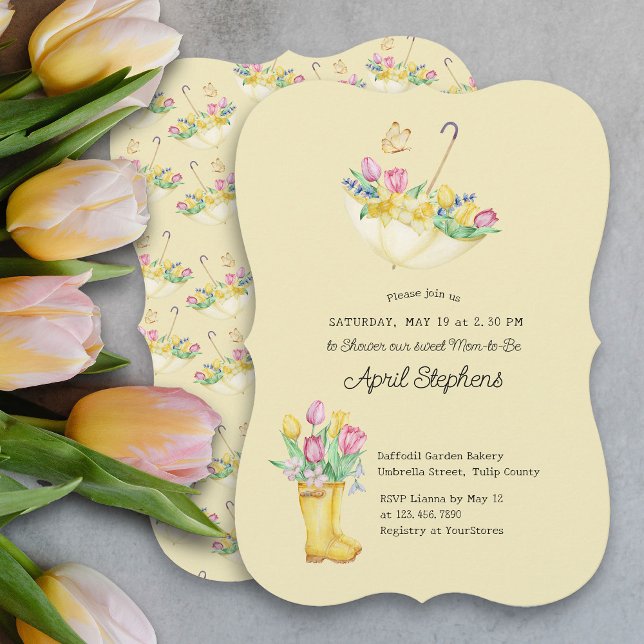 Convite Chá de Flores de Mola Chá de fraldas Amarelo da Mã (Spring Flowers Yellow Baby Shower Invitation)