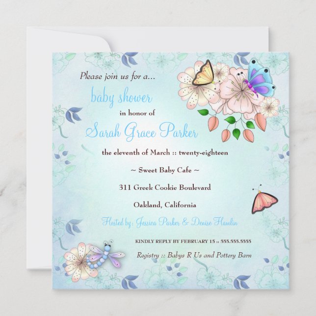 Convite Chá de fraldas #2 azul do jardim de LGC | (Frente)