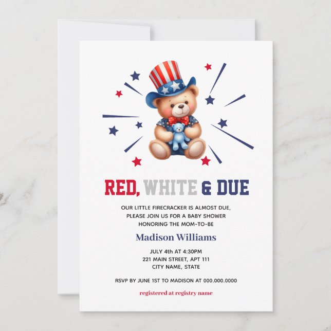 Convite Chá de fraldas 4 De Julho Bear Red White Devido (Frente)