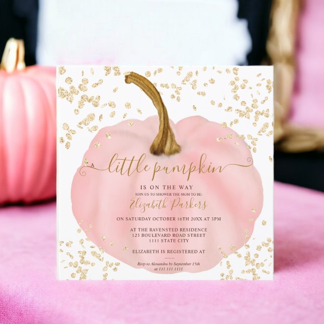 Convite chá de fraldas a água da abóbora rosa-brilho Doura (Gold glitter pink pumpkin watercolor baby shower invitation)