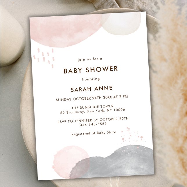 Convite Chá de fraldas Abstrato de Boho Minimalista (Minimalist Boho Watercolor Abstract Baby Shower Invitation)