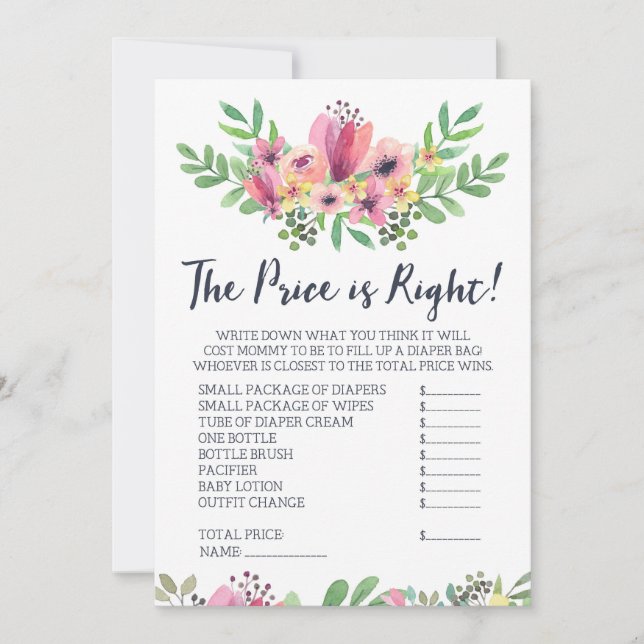 Convite Chá de fraldas adivinha o jogo do preço (Frente)