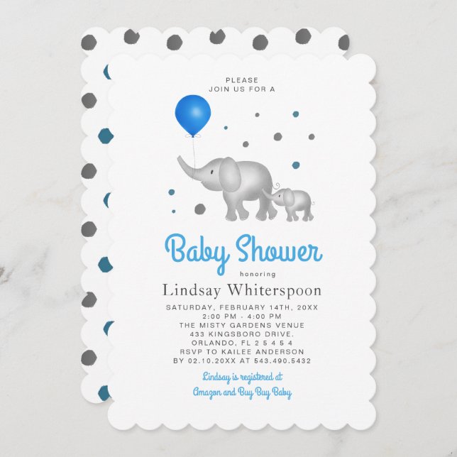 Convite Chá de fraldas Adorável de Elefantes de Aquarela (Frente/Verso)