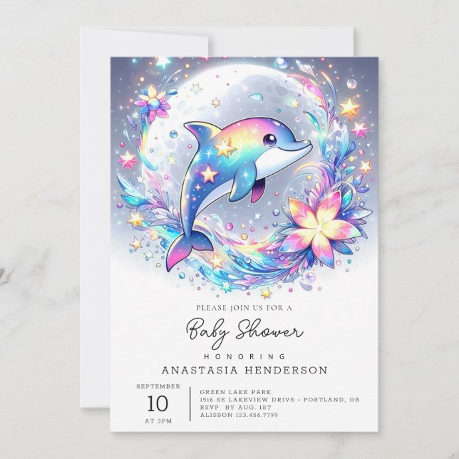 Convite Chá de fraldas Adorável de Golfinho Pastel (Frente)