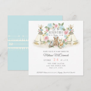 Convite Chá de fraldas Adventure Bege Teepee Bear Deer Blu