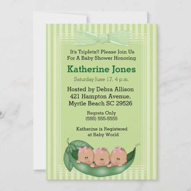 Convite Chá de fraldas Africano-Americano Triplets Girl co (Frente)