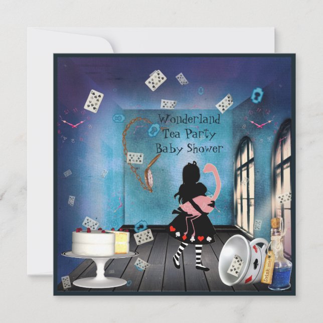 Convite Chá de fraldas Alice & Pink Flamingo Wonderland (Frente)