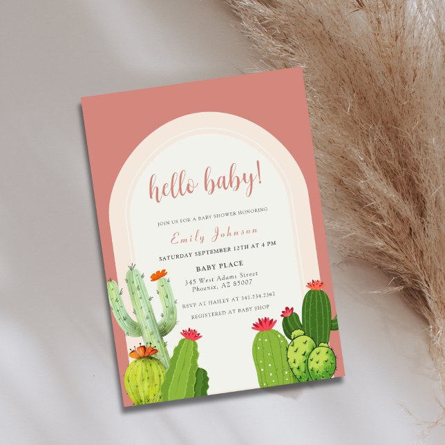 Convite Chá de fraldas Alô Neutro de Boho Cactus (Gender Neutral Boho Cactus Arch Hello Baby Shower Invitation)