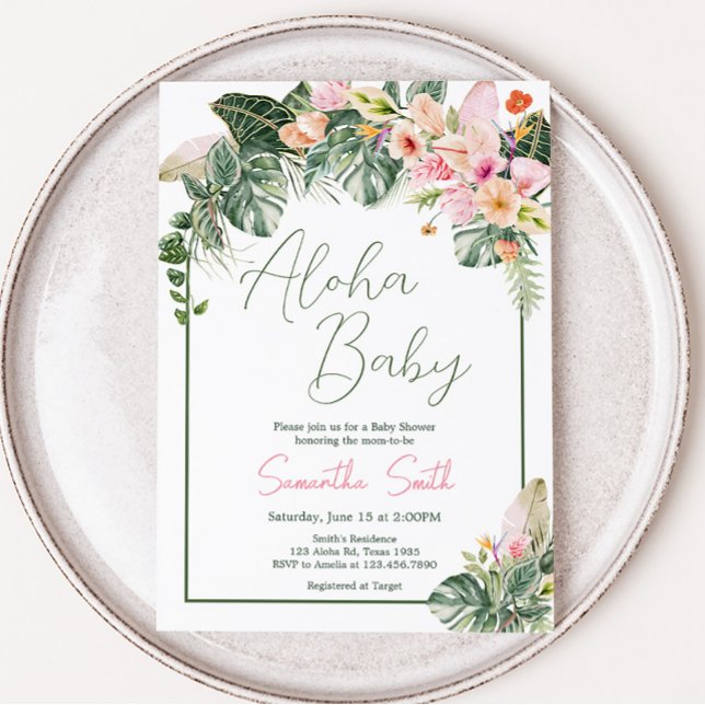 Convite Chá de fraldas Aloha (Aloha Pink Hawaiian Baby Shower Invitation)