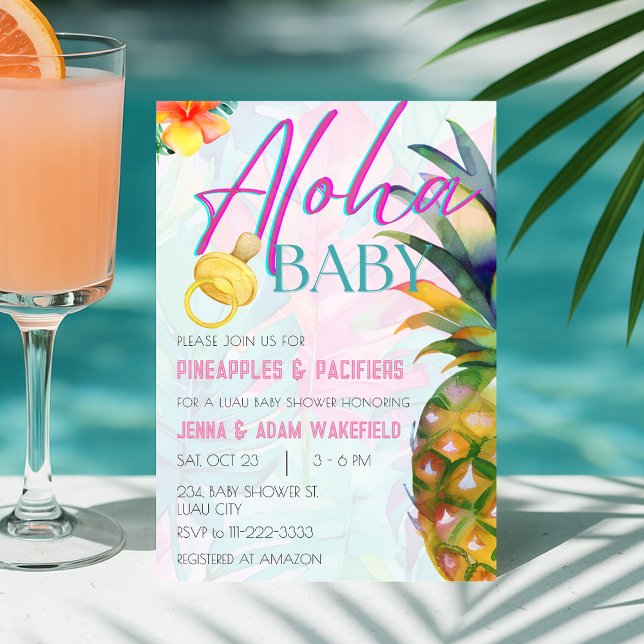 Convite Chá de fraldas Aloha Luau Ananases e Pacificadores (Pineapples Pacifiers Girl Aloha Luau Baby Shower Invitation)