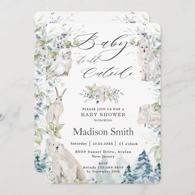 Convite Chá de fraldas alpino de inverno para animais do Á (Frente/Verso)