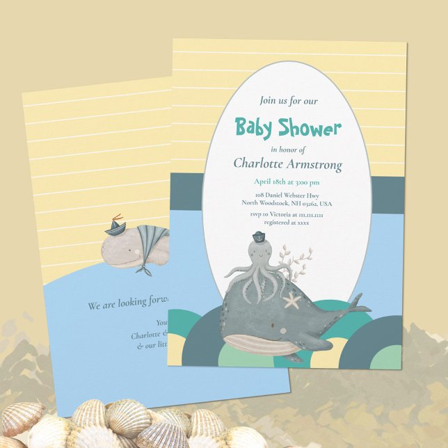 Convite Chá de fraldas Amarelo Octopus de Baleia Náutica A (Adorable Nautical Whale Squid Yellow Baby Shower Invitation ©Susanne Sachers - Sunny Mind Design 🌞)