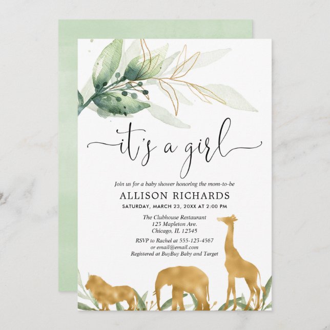 Convite chá de fraldas, animais da selva de safari (Frente/Verso)