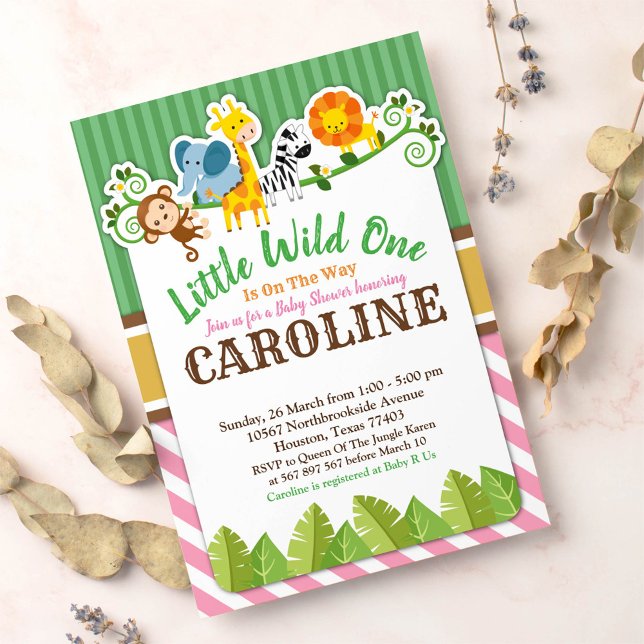 Convite Chá de fraldas Animal do Zoo Safari Selva Rosa (Criador carregado)