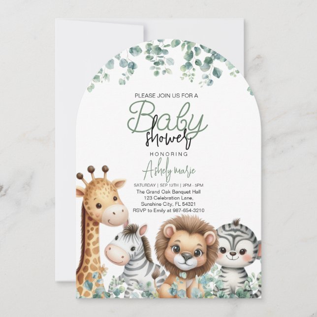 Convite Chá de fraldas animal, Eucalyptus Flower (Frente)