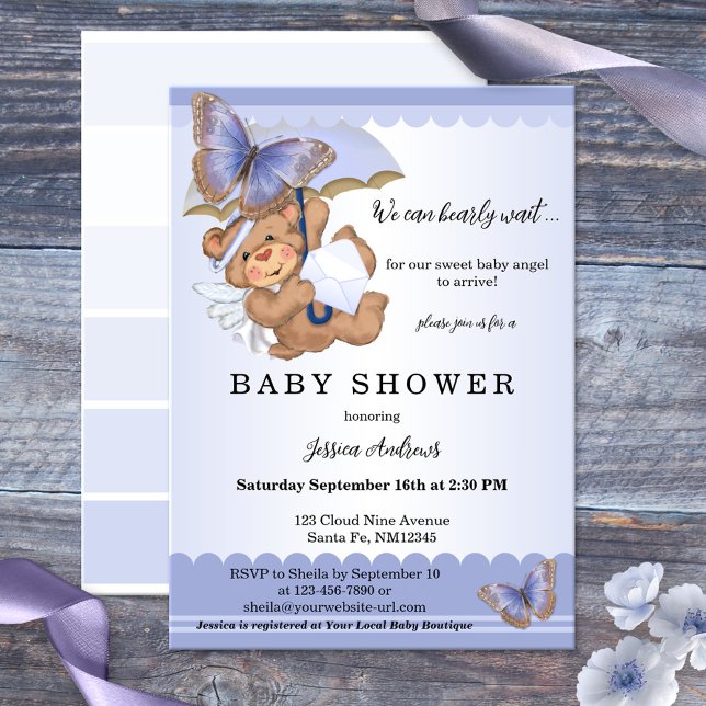 Convite Chá de fraldas Anjo do Urso da Borda da lavanda (A pretty lilac or lavender baby shower invitation with a cute angel bear and butterflies)