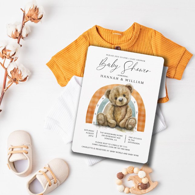 Convite Chá de fraldas Arco Arco-Íris de Urso Simples (Criador carregado)