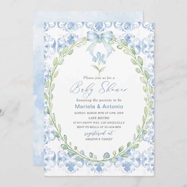 Convite Chá de fraldas Arco Azul Elegante (Frente/Verso)