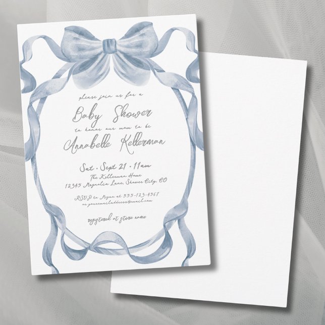 Convite Chá de fraldas Arco azul empoeirado Elegante (Elegant Dusty Blue Bow Baby Shower Invitation)