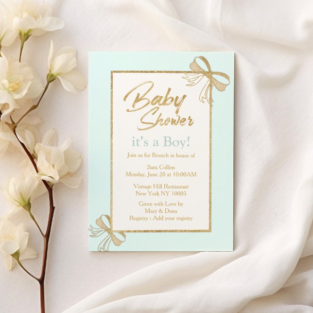 Convite Chá de fraldas arco  brilhante azul azul (Blush blue gold glitter bow Boy Baby Shower)