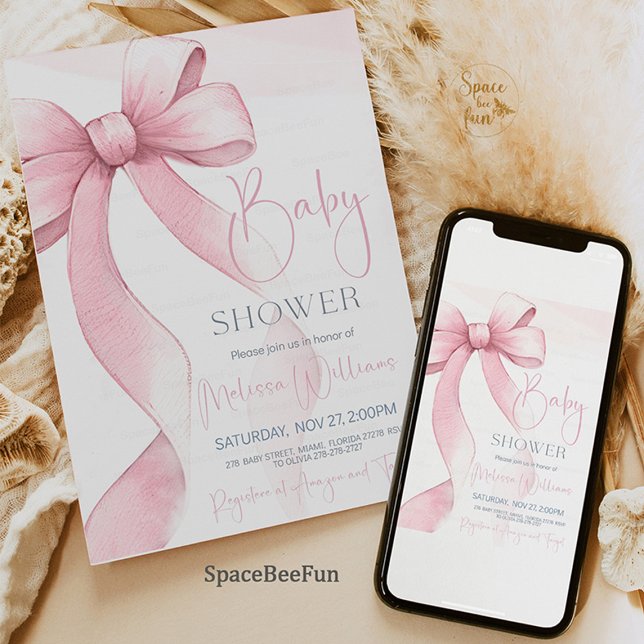 Convite Chá de fraldas arco Coquette Girl (Bow Coquette Girl Baby Shower Invitation, baby shower invitation, girl baby shower, elegant baby sho)