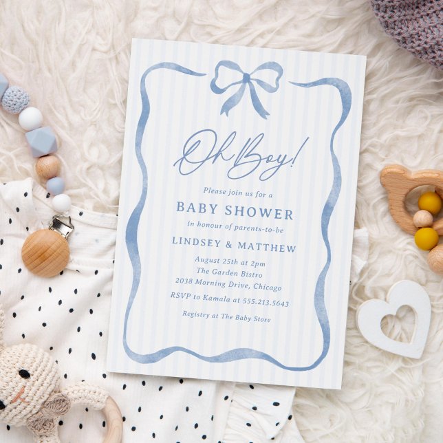 Convite Chá de fraldas Arco de Fita de Onda Azul (sweet baby shower invitation for boys featuring a wavy, curvy frame and bow)