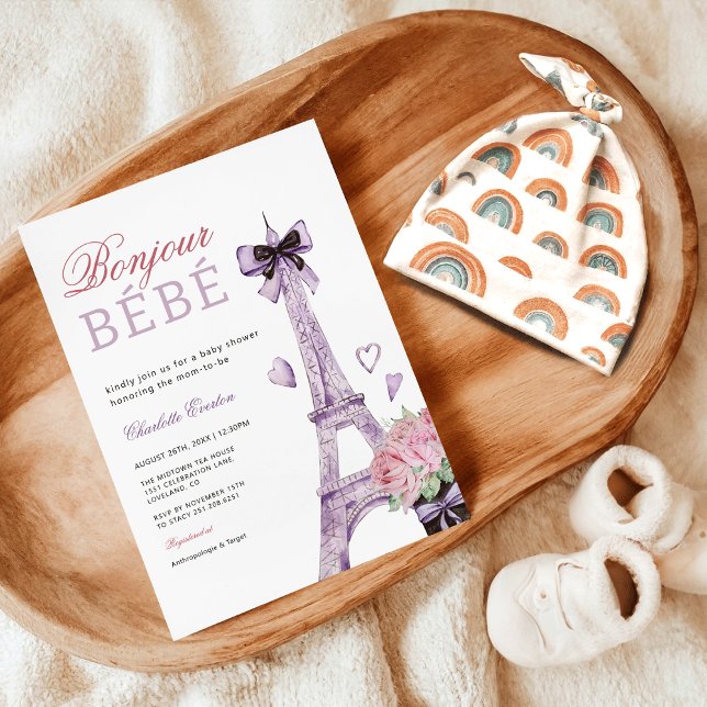 Convite Chá de fraldas Arco de Torre Eiffel de Bebe Parisi (French Parisian Bebe Eiffel Tower Bow Baby Shower Invitation)