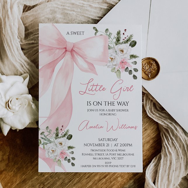 Convite Chá de fraldas Arco Floral de inverno, cor-de-rosa (Pink Bow Baby Shower Invitation Template, Coquette Baby Shower Invitation Baby Girl,  Pink Floral)