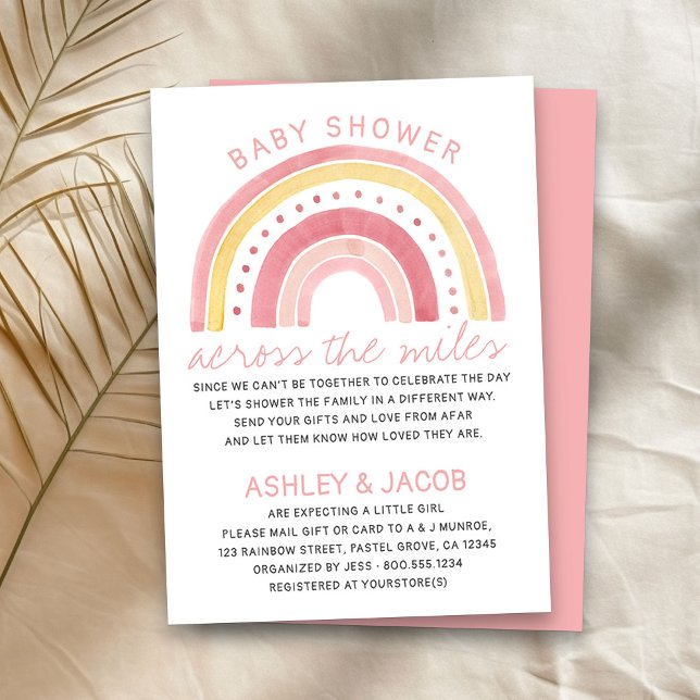 Convite Chá de fraldas Arco-Íris através do Rosa Miles Men (Girl baby shower by mail invitation with cute rainbow)