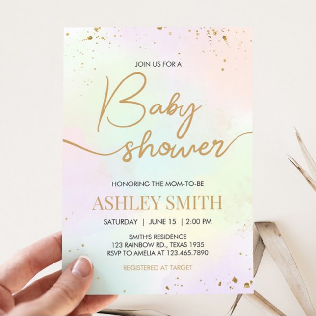 Convite Chá de fraldas arco-íris de água (Pastel Gold Sprinkle Baby Shower Invitation)