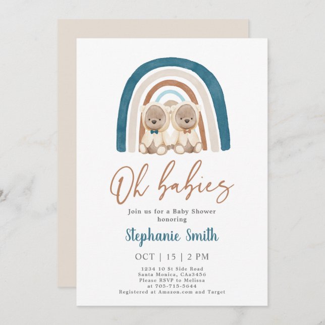 Convite Chá de fraldas Arco-Íris de Urso Vermelho Gêmeo (Frente/Verso)