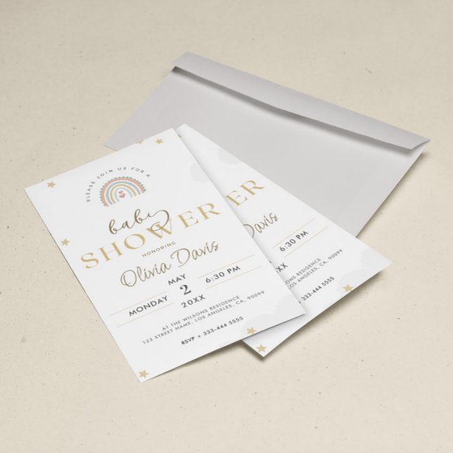 Convite Chá de fraldas Arco-Íris Dourado Branco (Criador carregado)