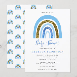 Convite Chá de fraldas Arco-Íris Dourado e azul-claro-bril