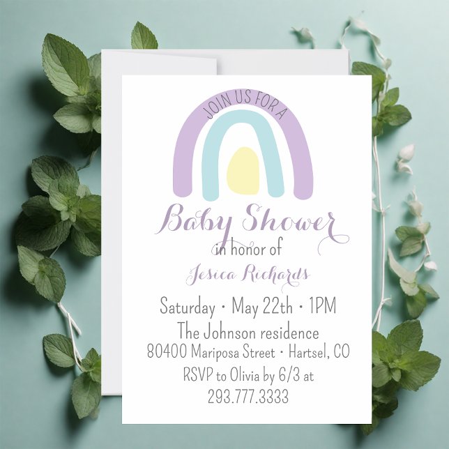 Convite Chá de fraldas arco-íris lilás de aquarela (Criador carregado)