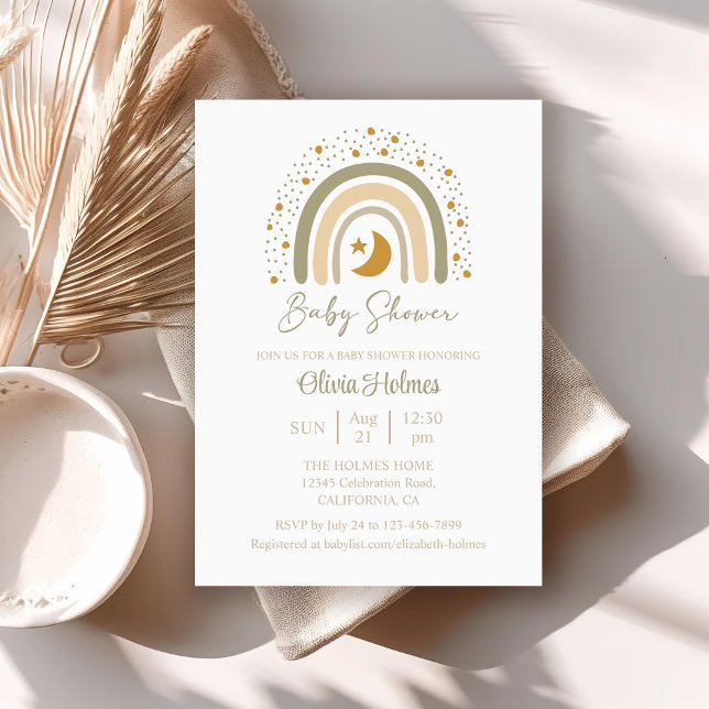 Convite Chá de fraldas Arco-Íris Neutro Boho Watercolor (Boho Watercolor Neutral Rainbow Baby Shower Invitation on a neutral boho table.)