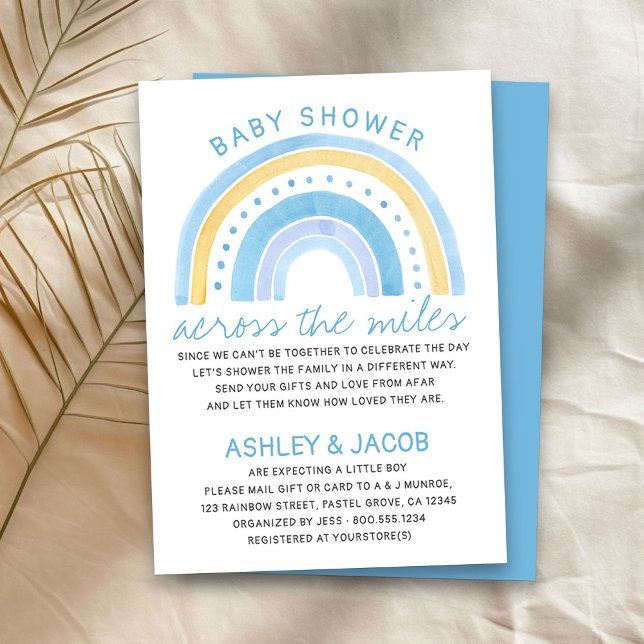 Convite Chá de fraldas Arco-Íris no Azul Miles Boys (Boy baby shower by mail invitation with cute rainbow)