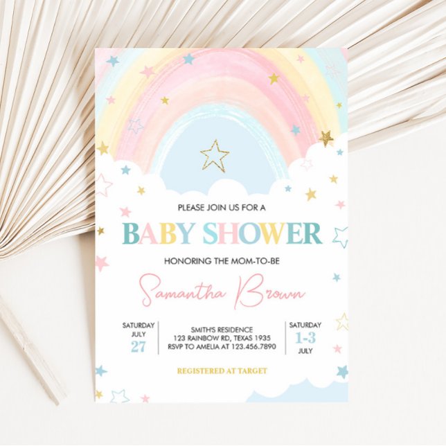 Convite Chá de fraldas Arco-Íris Pastel (Pink Boho Rainbow Baby Shower Invitation)