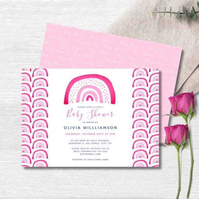 Convite Chá de fraldas Arco-Íris Rosa Moderno (Pink rainbow baby shower landscape invitation.  Matching accessories and party range available.)