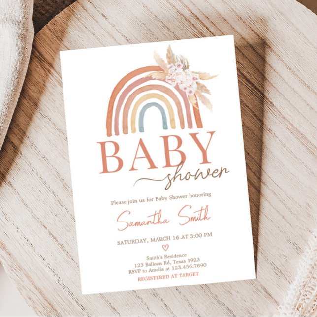 Convite Chá de fraldas Arco-Íris Rosa Pampas Grass (Girl Boho Rainbow Baby Shower Invitation)